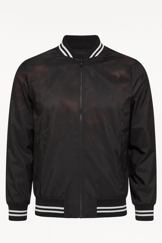 Chamarra Bomber Negra con Estampado de Calaveras y Corona